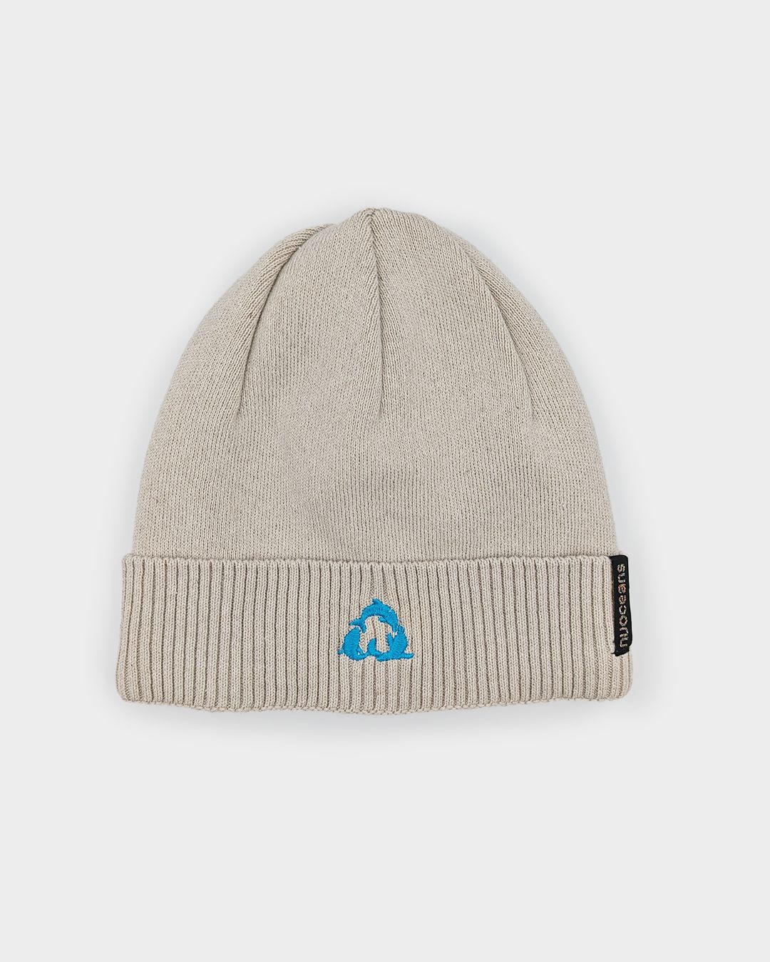 beige recycled beanie hat by nuoceans with ice blue logo against white background