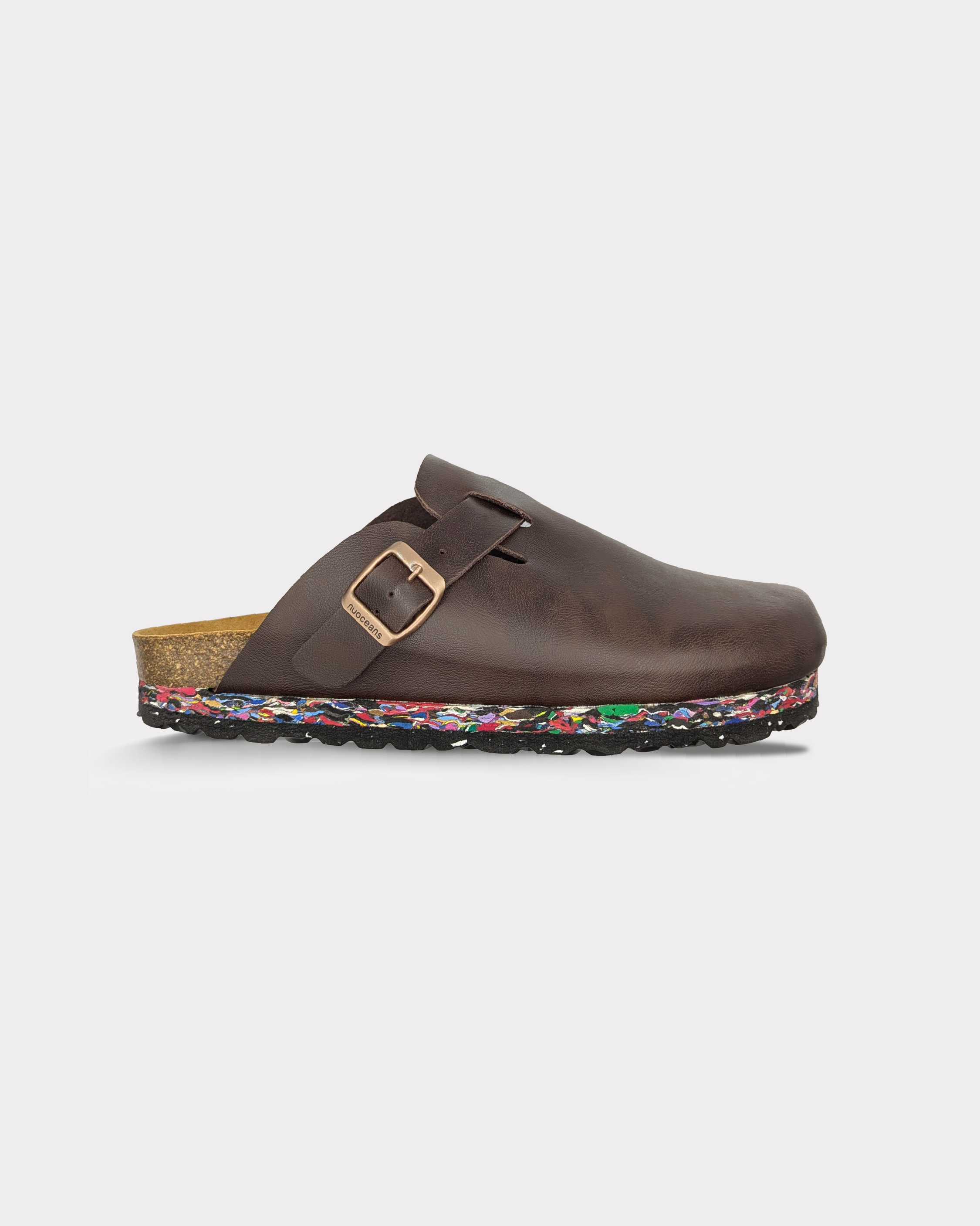 Dark brown sustainable, vegan clog shoe made from ocean waste, with a colourful sole on a light grey background