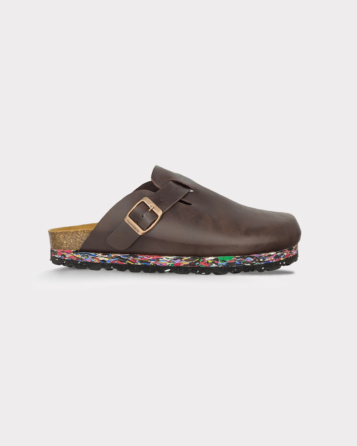Dark brown sustainable, vegan clog shoe made from ocean waste, with a colourful sole on a light grey background
